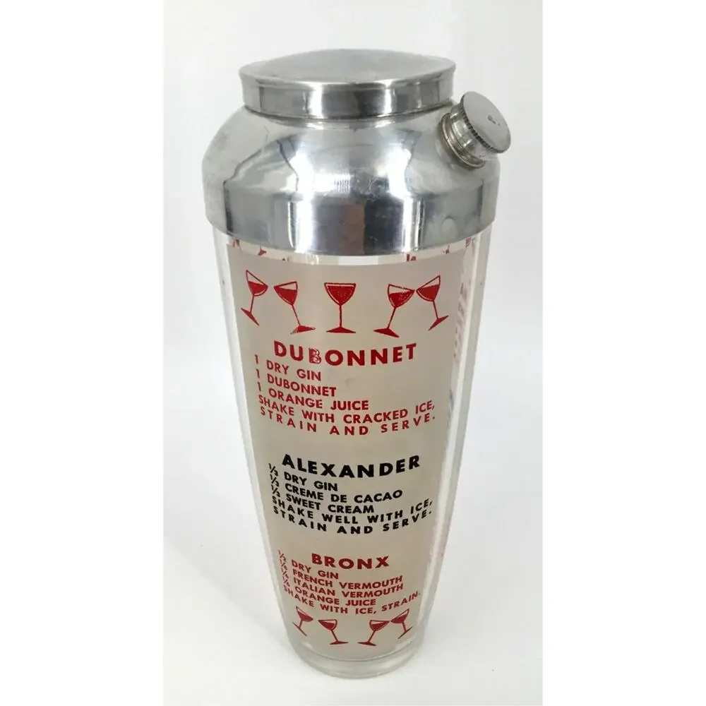 Vintage Glass Cocktail Recipe Shaker MCM Aluminum Lid Retro Barware 9.5